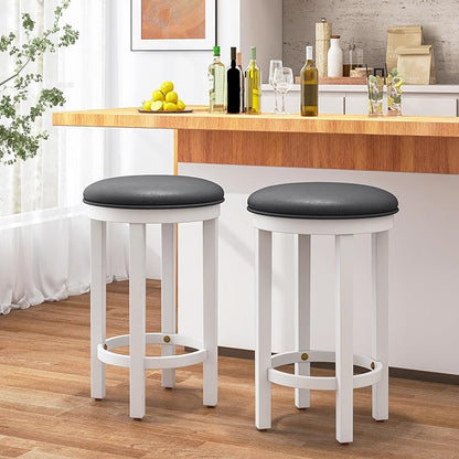 COSTWAY Upholstered Bar Stools Set of 2, 25” Counter Height Bar Chairs with Padded Cushion & Wooden Frame, Faux Leather Backless Stools for Kitchen, Dining Room, Pub, White + Grey