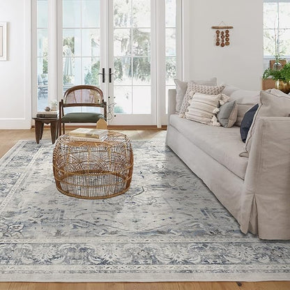 RUGGABLE Washable Vintage Area Rug – Sarrah Blue Quartz 9x12, Stain-Resistant, Non-Slip – Large Machine Washable Rugs for Living Room, Bedroom, Hallway, Entryway & Office–with Cushioned Pad