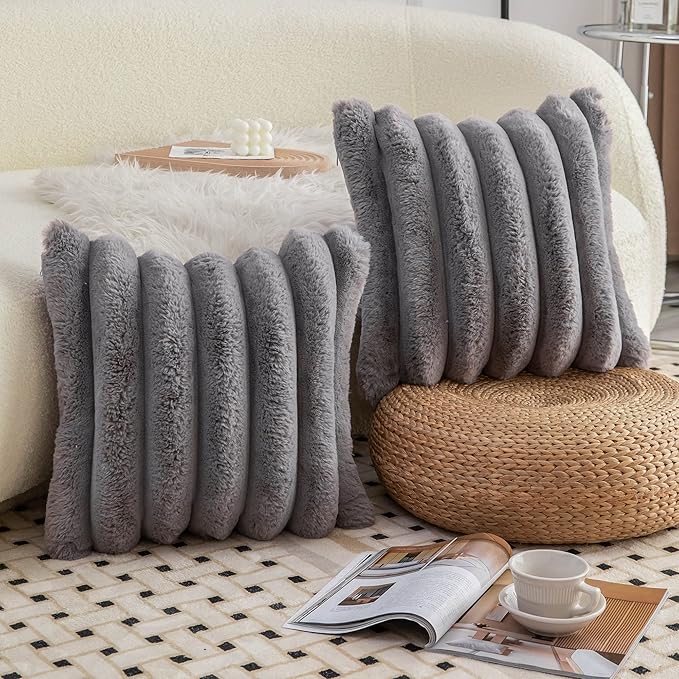 Neelvin Grey Faux Fur Cozy Soft Striped Decorative Throw Pillow Covers 24x24 inch Set of 2,Velvet Pillowcase Cushion Case for Sofa Couch