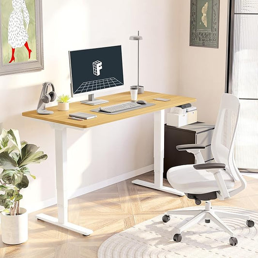 FLEXISPOT E6 3 Stages Dual Motor Electric Standing Desk 55x28 Inch Whole-Piece Board Height Adjustable Electric Sit Stand Desk(White Frame + Maple Desktop, 2 Packages)