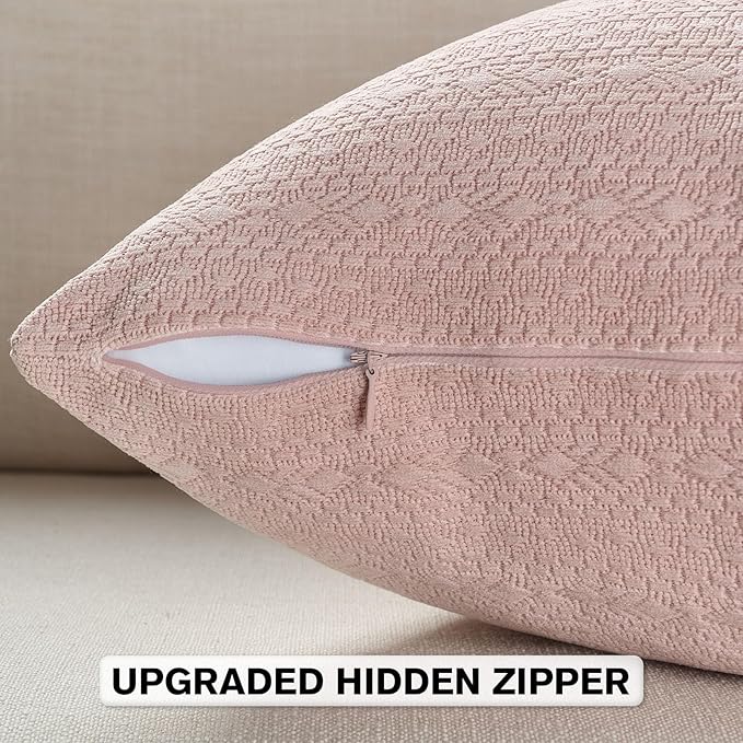 FUTEI Pink Chenille Throw Pillow Covers 24x24 Inch Set of 2,Soft Striped & Diamond Textured European Cushion Cases,Modern Home Decor for Couch Living Room