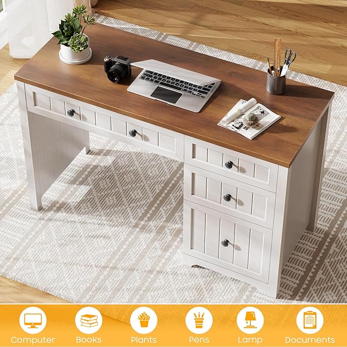 Vabches Farmhouse Executive Desk with Drawers, Home Office Desk with Storage Cabinet and File Drawer, Wood Computer Desk with Storage, Rustic Office Desk for Work Study Writing, Brown White