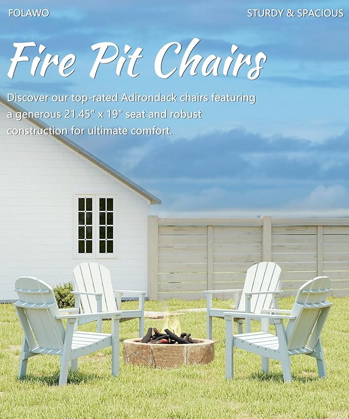 Adirondack Chair Set of 4, All Weather HDPE Fire Pit Chairs, Oversized Plastic Adirondack Chair for Outdoor, Balcony, Deck, Backyard, Patio, Garden, Poolside, Lawn White