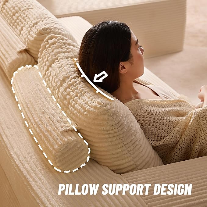 107" Boneless Couch with Deep Seat, Modular Sectional Sofa, Cloud Sectional Couch for Living Room, No Assembly Required, Corduroy, L-Shape Left，White