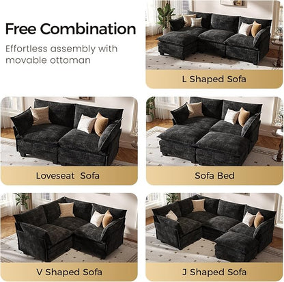 KKL Modular Sectional Sofa, J-Shaped 5 Seater Convertible L-Shaped Cloud Couch with Ottoman, Chenille Modern Sectional Couches for Living Room, Apartment Black