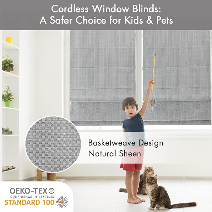Madison Park Galen Cordless Roman Shade, 23"W x 64"H, Sheen Grey – Room Darkening, Thermal Insulated, Energy Efficient Window Blind with Subtle Sheen Basketweave Fabric for Privacy