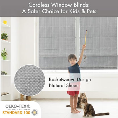 Madison Park Galen Cordless Roman Shade, 31"W x 64"H, Sheen Grey – Room Darkening, Thermal Insulated, Energy Efficient Window Blind with Subtle Sheen Basketweave Fabric for Privacy