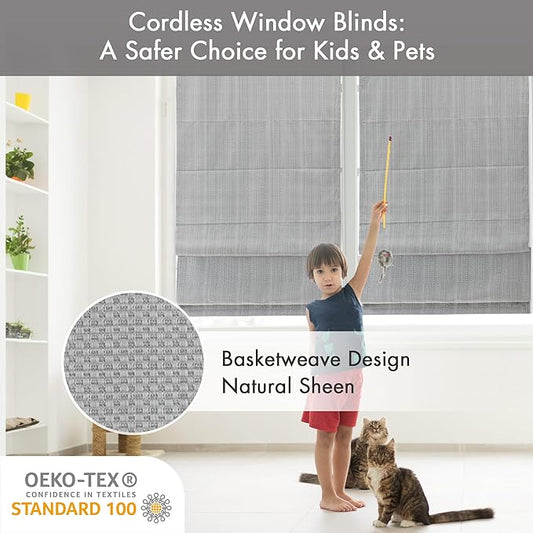 Madison Park Galen Cordless Roman Shade, 31"W x 64"H, Sheen Grey – Room Darkening, Thermal Insulated, Energy Efficient Window Blind with Subtle Sheen Basketweave Fabric for Privacy