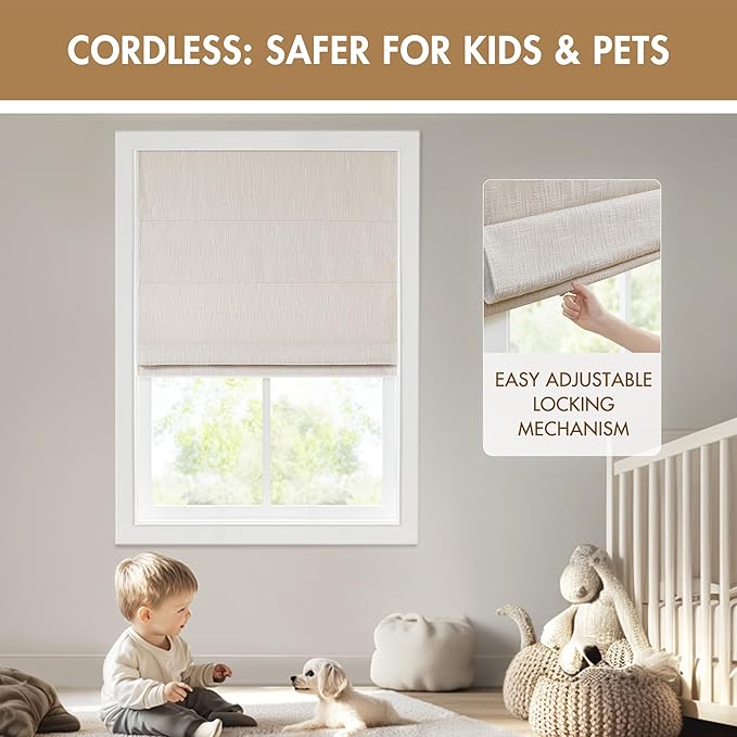 Madison Park Cordless Roman Shades, Total Blackout Window Blind Privacy Window Shades, Thermal Insulated Cordless Window Treatment for Bedroom, Living Room, Quincy, Single Panel 29" W X 64" H Linen