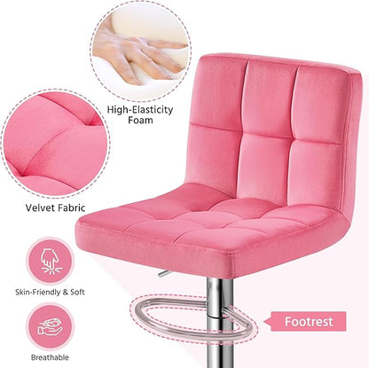 Yaheetech Pink Bar Stools Set of 2, Adjustable Velvet Barstools, Modern Counter Height Swivel Stool with Bigger Base for Kitchen Island, Pink