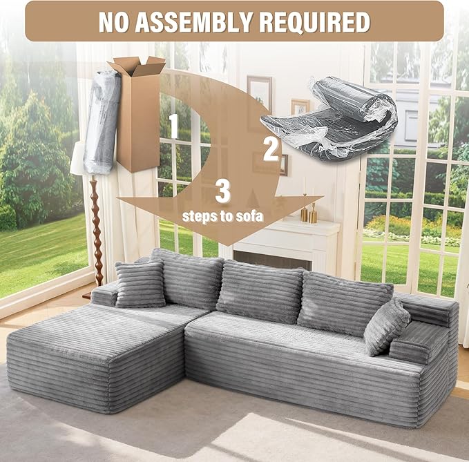 Hobestluk Modular Sectional Couch Sofa, 108" Boneless Couches for Living Room, Memory Foam Sectional Couch with Oversized Chaise,L-Shape Couches (Grey, Left Facing)