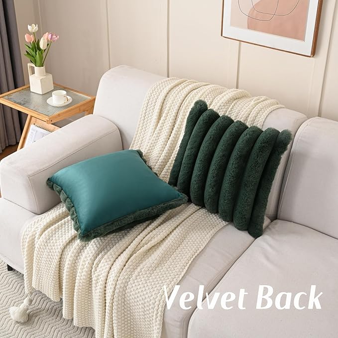 FUTEI Christmas Dark Green Decorative Throw Pillow Covers 20x20 Inch Set of 2, Square Soft Faux Rabbit Fur Thick Striped Cushion Cover,Winter Home Decor for Couch Bed Living Room