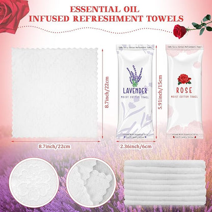 50 Pcs Moist Towelettes Individually Wrapped Scented Disposable Face Towels Essential Oil Infused Moist Terry Cotton Towel for Use Hot or Cold Travel Body Spa (Rose, Lavender)