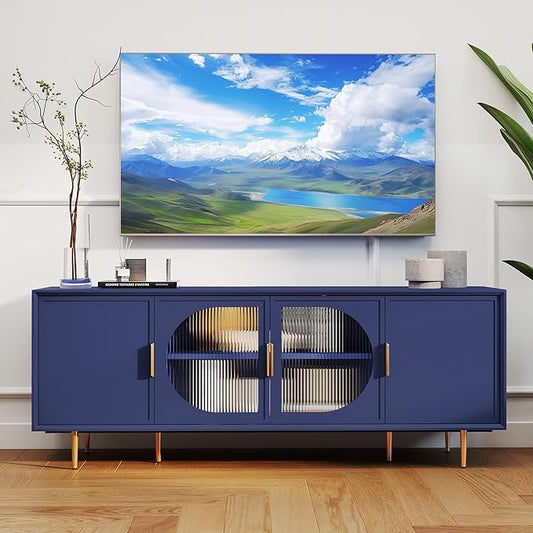 66" Modern TV Stand for TVs up to 75",TV Cabinet with Glass Door,Entertainment Center with Storage,Television Stands with Gold Legs,Media Console for Bedroom,Living Room,Blue