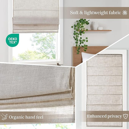 Madison Park Kyler Cordless Roman Shades - Single Panel, Lightweight Linen Blend Fabric, Natural Design, Easy Installation, Light Filtering Window Blind, Bedroom, Living Room Decor 34"W x 64"H Natural