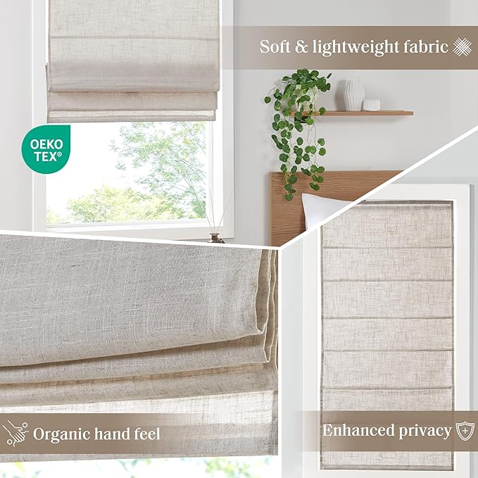 Madison Park Kyler Cordless Roman Shades - Single Panel, Lightweight Linen Blend Fabric, Natural Design, Easy Installation, Light Filtering Window Blind, Bedroom, Living Room Decor 29"W x 64"H Natural
