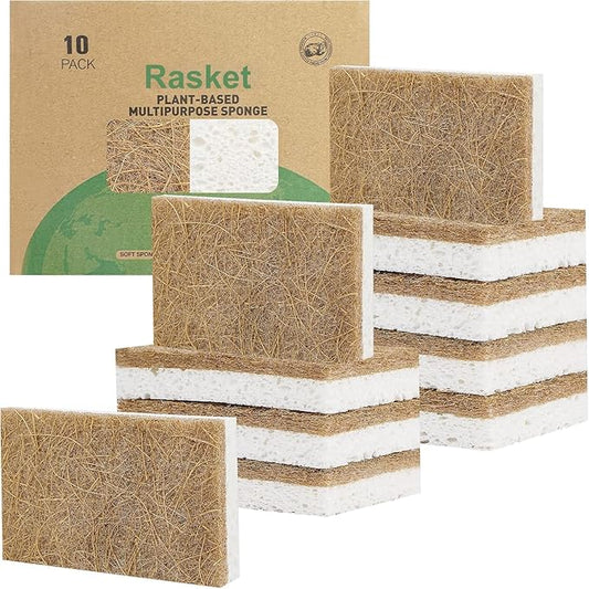 10 Pack Biodegradable Natural Sponges Kitchen - Compostable Cellulose and Coconut Walnut Scrubber Sponge - Eco Friendly Sponges for Dishes