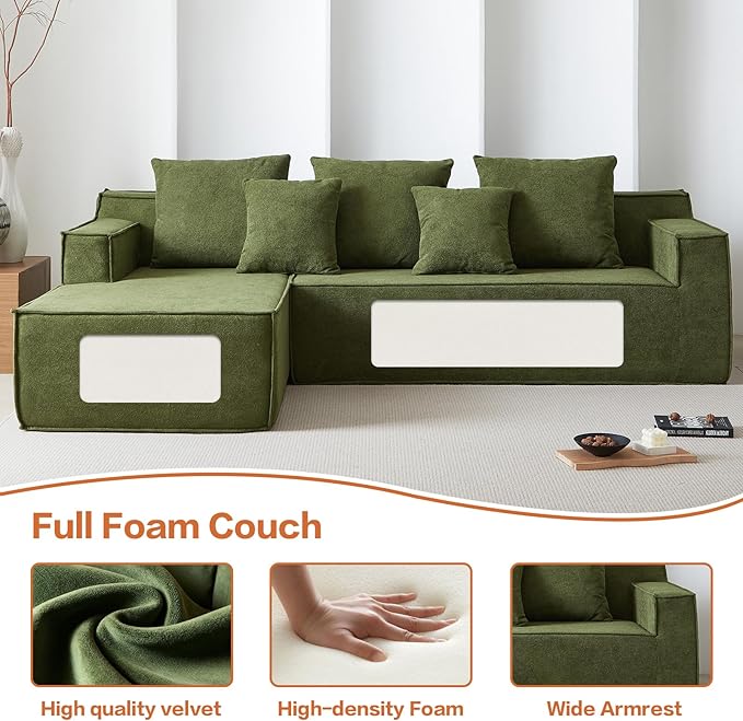 Modular Sectional Sofa, Boneless Cloud Sectional Couch with L-Shaped Lounge Chair, Soft Compressed Couch Memory Foam Sofa for Living Room, No Assembly Required (Green, Velvet)