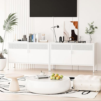 2 Door Storage Sideboard, Metal Storage Cabinet with 2 Adjustable Shelf,Multipurpose Metal Accent Cabinet for Office Home,Music Studio (White, 25''H)