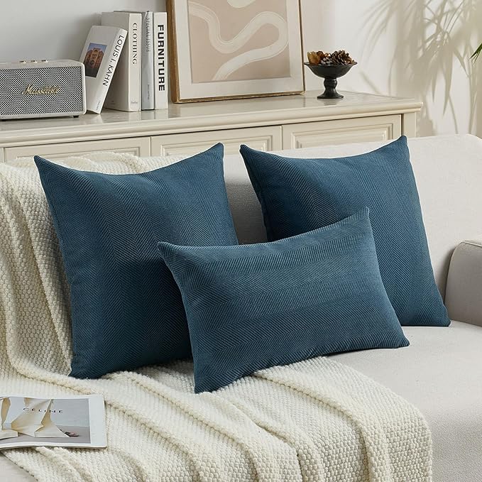 FUTEI Navy Blue Chenille Throw Pillow Covers 22x22 Inch Set of 2,Soft Wide Chevron Textured Cushion Case,Farmhouse Home Decor for Couch Bed Living Room