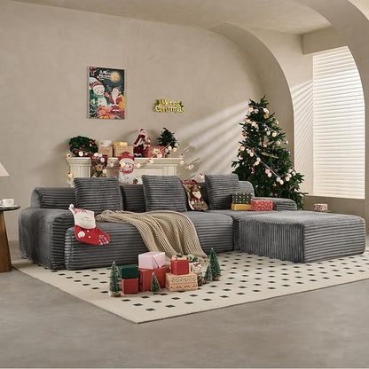 VK·LIVING 113" Cloud Sectional Couch, 61.6" Deep Seat Boneless Modular Sofa with Wide Armrests, Plush Corduroy Memory Foam Couch for Living Room, No Assembly, Dark Gray