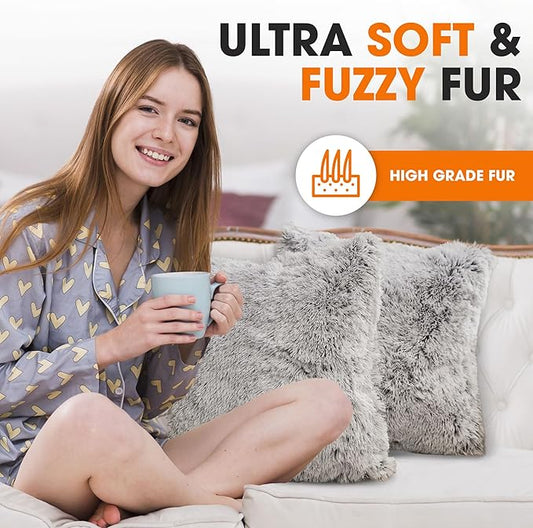 Cheer Collection Throw Pillows for Couch and Bed, Soft Shaggy Throw Pillows with Inserts Included, Cozy Long Hair Faux Fur Pillows - Set of 2-18" x 18" - Gray