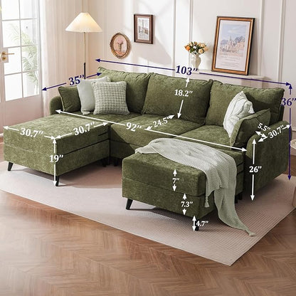 104'' Modular Sectional Sofa with All Seats Storage, Oversized U Shaped Couch for Living Room,3-Seater Comfy Cloud Couches with Movable Ottoman,Big Sectional for Bedroom,Velet,Green