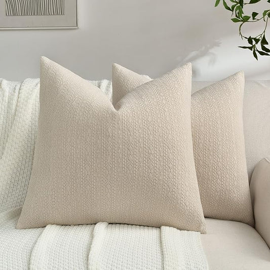 FUTEI Beige Chenille Throw Pillow Covers 22x22 Inch Set of 2,Soft Striped & Diamond Textured Cushion Cases,Modern Home Decor for Couch Living Room