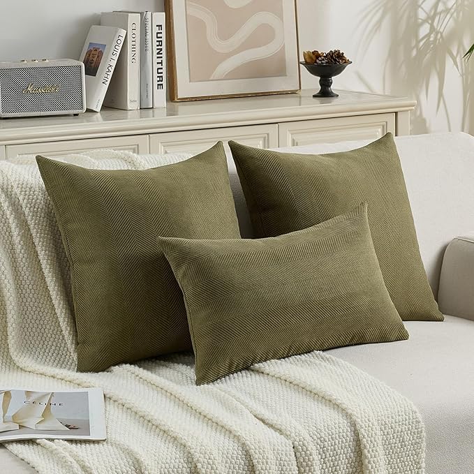 FUTEI Olive Green Chenille Throw Pillow Covers 12x20 Inch Set of 2,Soft Wide Chevron Textured Lumbar Pillow Cases,Farmhouse Home Decor for Couch Bed Living Room