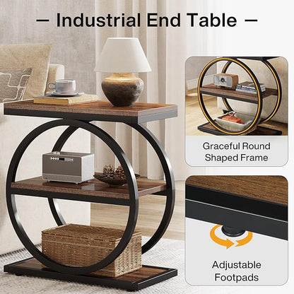 Tribesigns End Table, Narrow End Table with 3 Storage Shelves, Wood Side Table with Black Metal Frames, Industrial Small Sofa Side Table for Living Room, Slim Nightstand and Bedside Table for Bedroom
