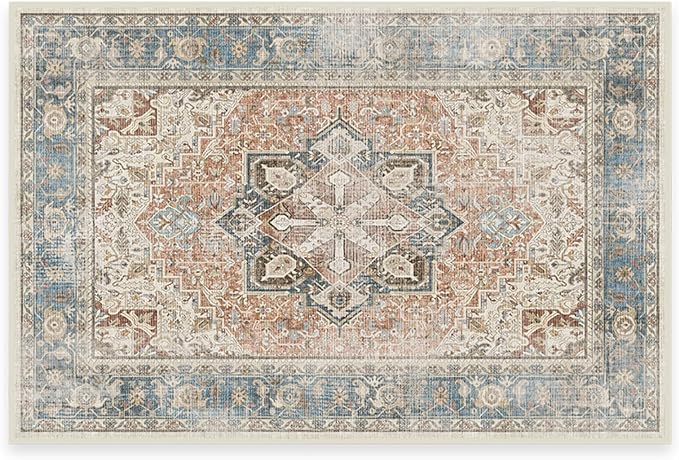 RUGGABLE Washable Vintage Area Rug – Kamran Coral 3x5, Stain-Resistant, Non-Slip – Small Machine Washable Rugs for Living Room, Bedroom, Hallway, Entryway & Office–with Standard Pad