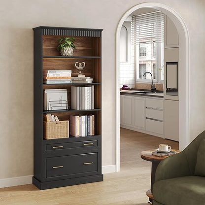 LITTLE TREE 72" Tall Black Bookcase, 5-Tier Office Bookself with File Cabinet Drawers,Modern Floor Standing Storage Filing Cabinet Book Shelf for Living Room,Bedroom