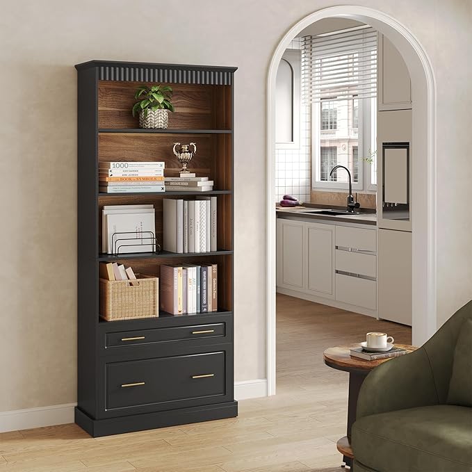 LITTLE TREE 72" Tall Black Bookcase, 5-Tier Office Bookself with File Cabinet Drawers,Modern Floor Standing Storage Filing Cabinet Book Shelf for Living Room,Bedroom(2 Piece,Black)