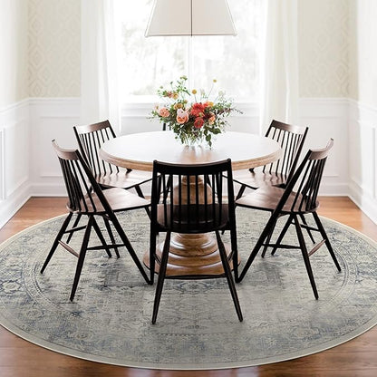 RUGGABLE Washable Vintage Area Rug – Kamran Blue Quartz 8 ft Round, Stain-Resistant, Non-Slip – Large Machine Washable Rugs for Living Room, Bedroom, Hallway, Entryway & Office–with Cushioned Pad
