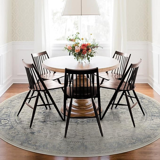 RUGGABLE Washable Vintage Area Rug – Kamran Blue Quartz 8 ft Round, Stain-Resistant, Non-Slip – Large Machine Washable Rugs for Living Room, Bedroom, Hallway, Entryway & Office–with Standard Pad