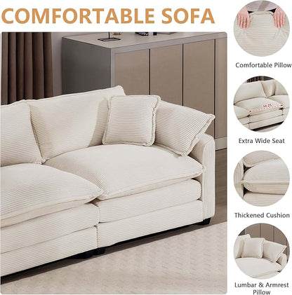 mikibama Luxury 2 Piece Sofa Set, 2 Pieces of Loveseat Couch, Modern Corduroy Comfy Cloud Couches Set for Living Room Office with 4 Armrest Pillows and 4 Toss Pillows, Beige
