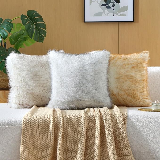 FUTEI Black White Decorative Throw Pillow Covers 24x24 Inch Set of 2,Soft Fluffy Faux Fox Fur Textured European Cushion Case,Modern Home Decor for Couch Living Room