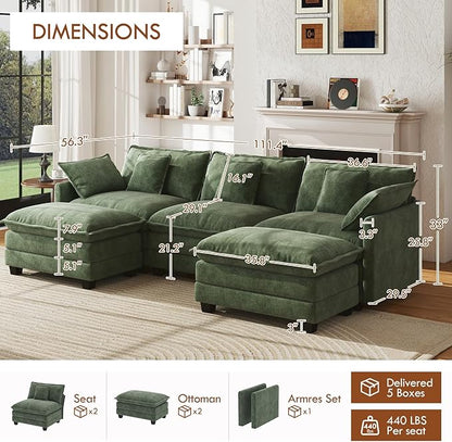 WorthFurni 111.4” Modular Sectional Sofa, U Shape Cloud Couch with 2 Movable Ottoman, Comfy Chenille Deep Seat Sofa with Soft Pillows for Living Room Apartment (Green)