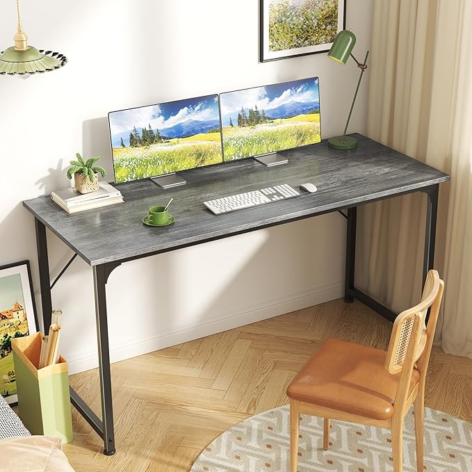 Huuger Computer Desk, 55 Inch Home Office Desk, Gaming Writing Work from Home Study Desk, Large Legroom, Sturdy Metal Frame, Modern Simple, Grey