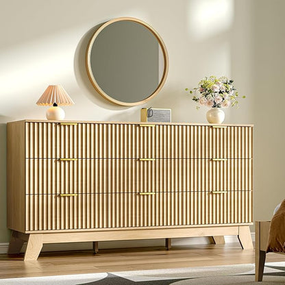 Fluted Dresser for Bedroom with 9 Drawers, 57" Mid Century Modern Dresser of Closet TV Stand, Nature Wood Dressers with Gold Handle, Boho Closet Wide Modern Chest of Drawers, Natural