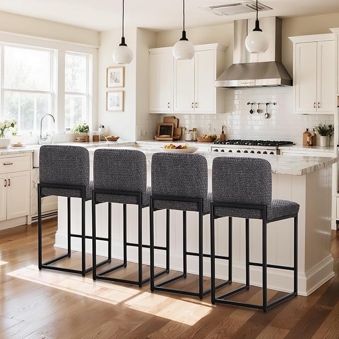 ALPHA HOME 24" Bar Stools Set of 2 Kitchen Counter Stools with Back, Counter Height Stools with Upholstered Footrest for Kitchen Island, Metal Steel Frame, Chenille, Darkgray