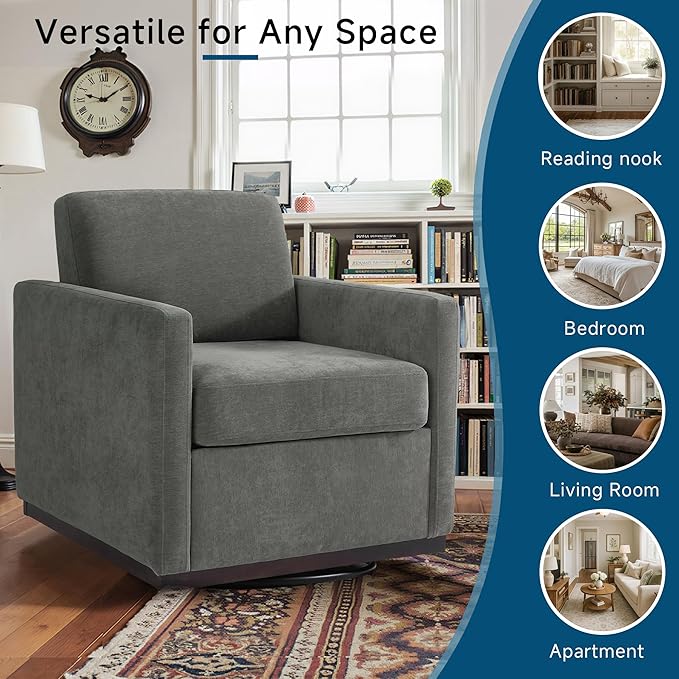 Pia Ricco Plush Swivel Barrel Chair Set of 2 - Mid-Century Modern Accent Armchairs in Soft Chenille for Living Room & Cozy Reading Nook, Dark Gray