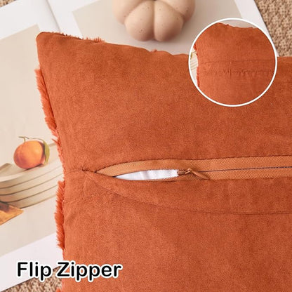 Kevin Textile Fall Pillow Covers 18x18 Inch Set of 2 Soft Pumpkins Decorative Square Pillowcases Plush Autumn Faux Fur Cushions Harvest Gift for Couch Sofa Chair Bedroom Home Decor, Rust