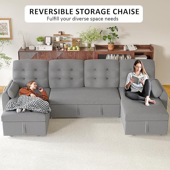 Ucloveria Sleeper Sofa Bed, 112" U Shaped Sectional Sofa Couches for Living Room, Pull Out Couch Bed with Dual Reversible Storage Chaise | Charging Station | Side Pockets | Removable Backrest