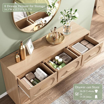 Modern 8 Drawer Dresser for Bedroom, 54" Wide Dressers & Chest of Drawers w/Solid Wood Handle, Wood Mid Century Closet Organizers and Storage Cabinet for Bedroom, Living Room, Hallway, Natural Oak