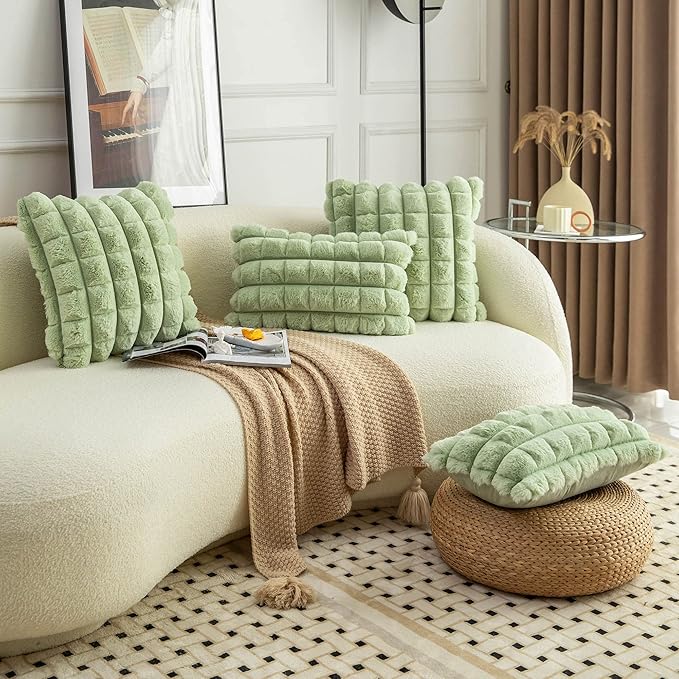 Neelvin Green Faux Fur Cozy Soft Plaid Decorative Throw Pillow Covers 12x20 inch Set of 2,Velvet Pillowcase Cushion Case for Sofa Couch