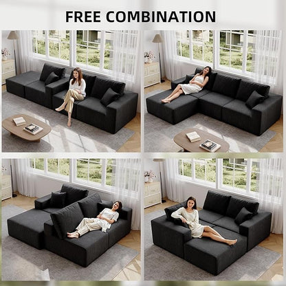 110" Boneless Cloud Sectional Couch for Living Room, Compressed Modular L-Shaped Sofa with Deep Seat, Frameless Corduroy Couch in Boxes, No Assembly Required 3-Seater (Right-Facing Chaise, Black)
