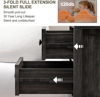End Table with Fast Charging Station Set of 2, 18" Wide Sofa Side Table with Drawers, Large Storage Rustic Wood Square Storage Cabinet for Living Room