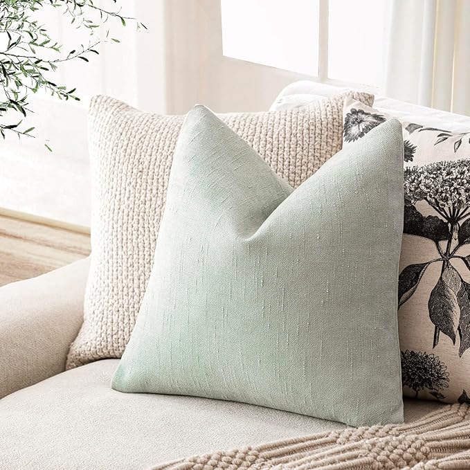 Foindtower Set of 2 Soft Textured Chenille Throw Decorative Pillow Covers Square Accent Solid Cushion Cover Cozy Neutral Farmhouse Pillow Case for Couch Sofa Bedroom Living Room 16x16 Inch, Sage Green