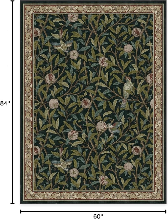 RUGGABLE x Morris & Co Washable Area Rug – Pomegranate Blue Green 5x7, Stain-Resistant, Non-Slip – Medium Machine Washable Rugs for Living Room, Bedroom, Hallway, Entryway & Office–with Standard Pad